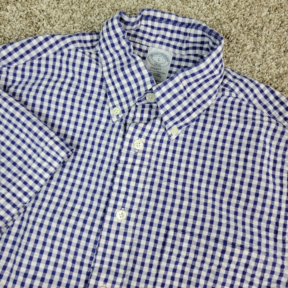 Brooks Brothers Regent Mens Small Blue White Check Seersucker Button Down SS